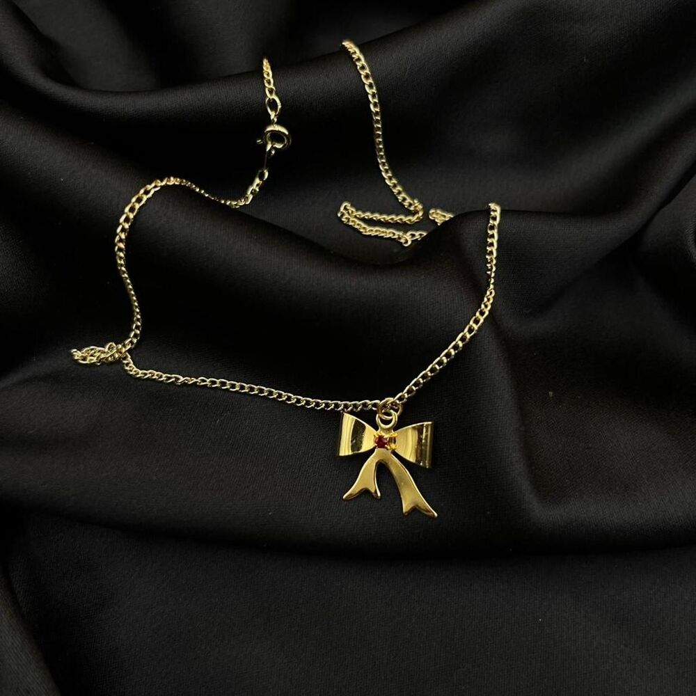 NWT Vintage 14k Gold Tone Bow Necklace with Red Stone 18 in Retro Glam Flirty